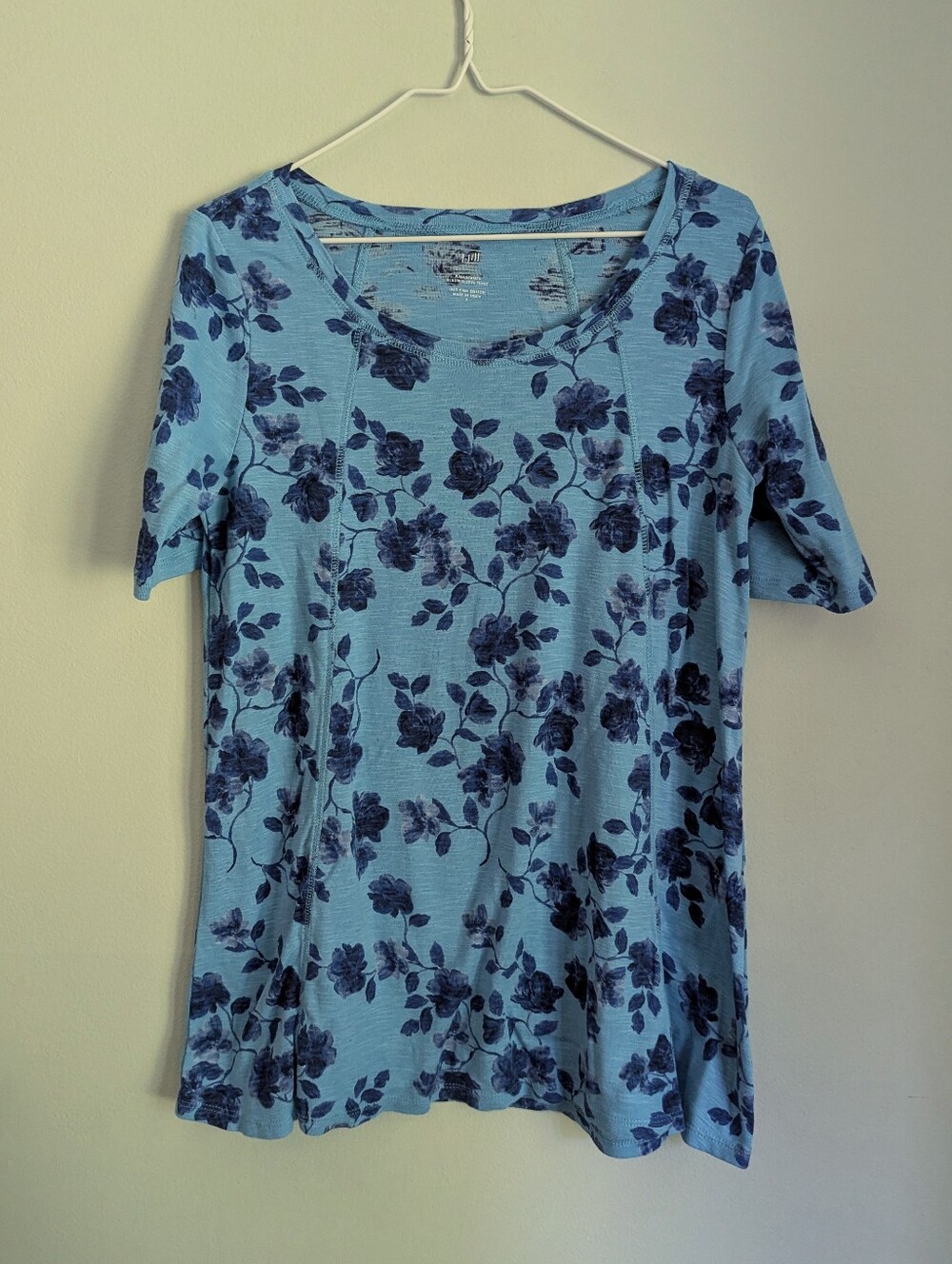 J.Jill Women's Small Pima Seamed Elbow Sleeve Tunic Cotton Floral Blue T-shirt